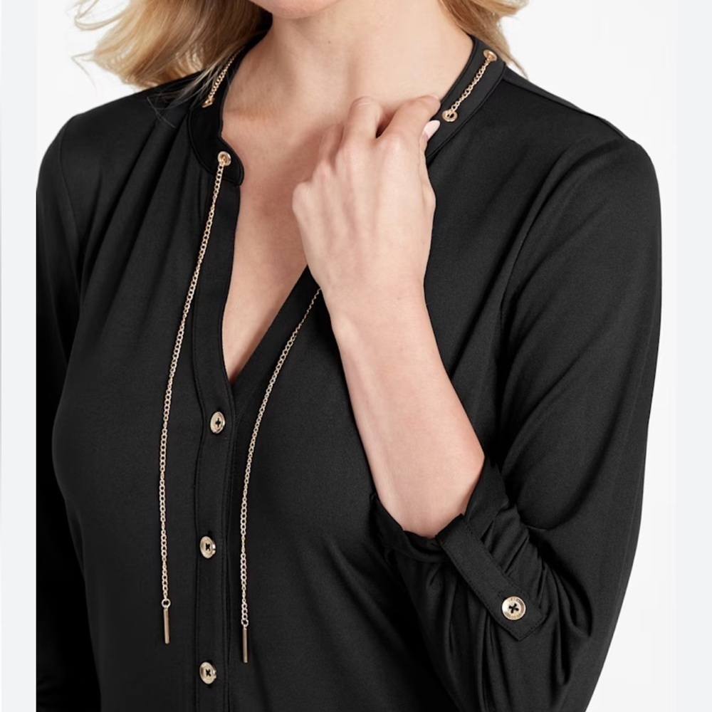 [S]VTG Guess Black Button-Up Shirt Tunic Dress with Gold Chain